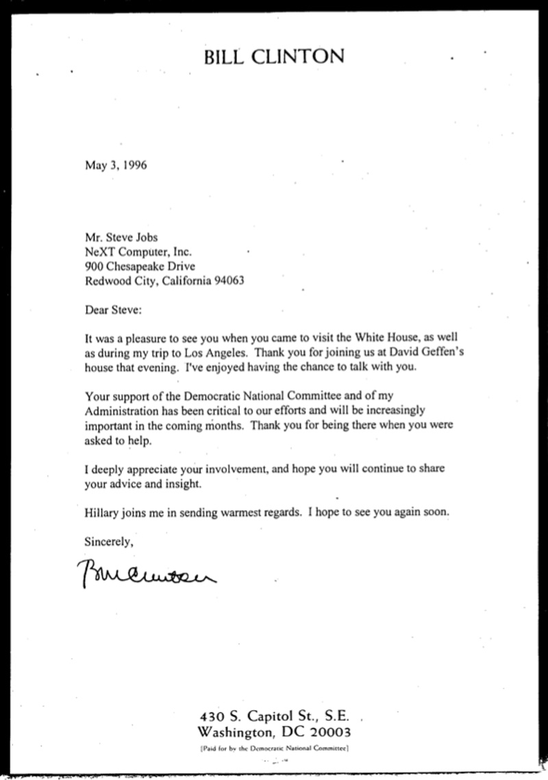 A May 3, 1996 letter from President Bill Clinton to Steve Jobs thanking him for his support of the DNC (Clinton Presidential Library)